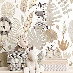 Galerie Wallcoverings Product Code 14837 - Little Explorers 2 Wallpaper Collection - Beige - Silver Grey Colours - If you’re looking for a cute jungle wallpaper for your child’s bedroom or nursery, look no further than our heartwarming Savannah wallpaper design. This fun design for kids features stylish pastel leaves, and hidden beneath them are four jungle friends that your child will love and admire on their wall – including a cute zebra and a happy hippo! The soft, muted tones on a creamy background will create a modern and warm feel in your child’s bedroom, nursery, or playroom. All the wallpapers in this collection have been designed to complement each other, which can add even more interest to this lovingly-created kids wallpaper. Savannah is a fun animal wallpaper that will really transform your little one’s space! Design