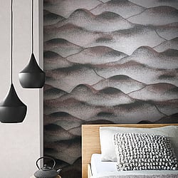 Galerie Wallcoverings Product Code 34022 - Hotel Wallpaper Collection - Black, Silver, Burgundy Colours - A textured misty landscape of hills Design