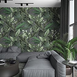 Galerie Wallcoverings Product Code 34195 - Loft 2 Wallpaper Collection - Green, Grey Colours - Tropical Brick Wall Panel Design