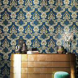 Galerie Wallcoverings Product Code 42509 - Opulence Wallpaper Collection - Navy Blue Gold Colours - Luxury Italian Damask Design