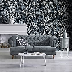 Galerie Wallcoverings Product Code 81264 - Feel Wallpaper Collection - Navy Grey Cream Blue Colours - Elephant Leaf Design