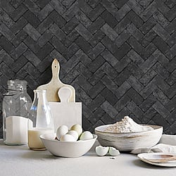 Galerie Wallcoverings Product Code G45426 - Just Kitchens Wallpaper Collection - Black Colours - Herringbone Brick Design
