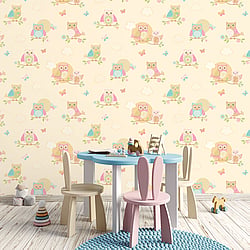 Galerie Wallcoverings Product Code G56035 - Just 4 Kids Wallpaper Collection - Yellow Pink Blue Orange Colours - Colourful Owls Design