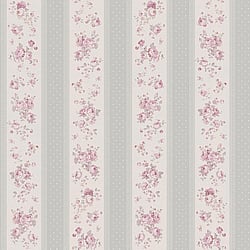 Galerie Wallcoverings Product Code MC61049 - Maison Charme Wallpaper Collection - Grey, Pink, White Colours - If you're after a romantic vintage floral design - look no further. Not only does this beautiful design feature endless upward bouquets of country roses; in a wide stripe motif the design also combines a cute polka dot with an intricate lace overlay for a true trip down memory lane - in rose tinted glasses! Design