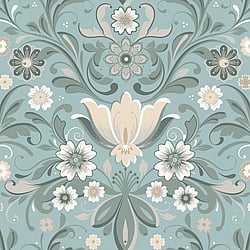 Galerie Wallcoverings Product Code S24111 - Sommarang 2 Wallpaper Collection - Turquoise Colours - Flowers with elegant swirls in perfect symmetry Design